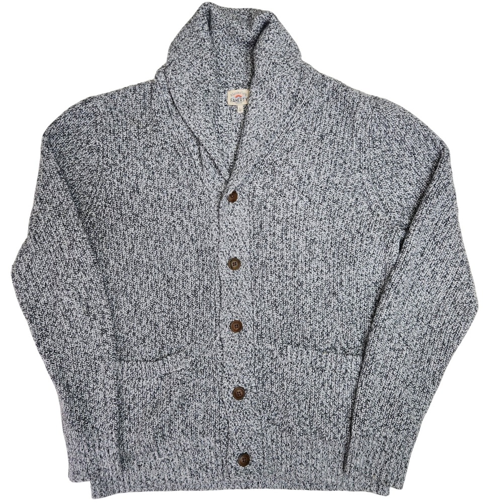 Faherty Mens Shawl Collar Cardigan Sweater Gray Cotton Cashmere Marled Large